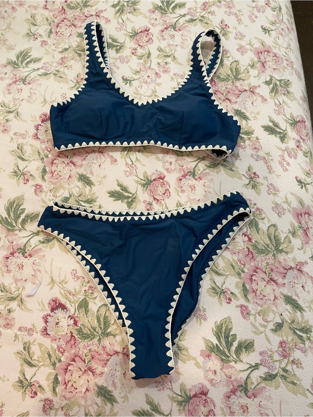 Navy Bikini Set with White Crochet Trim